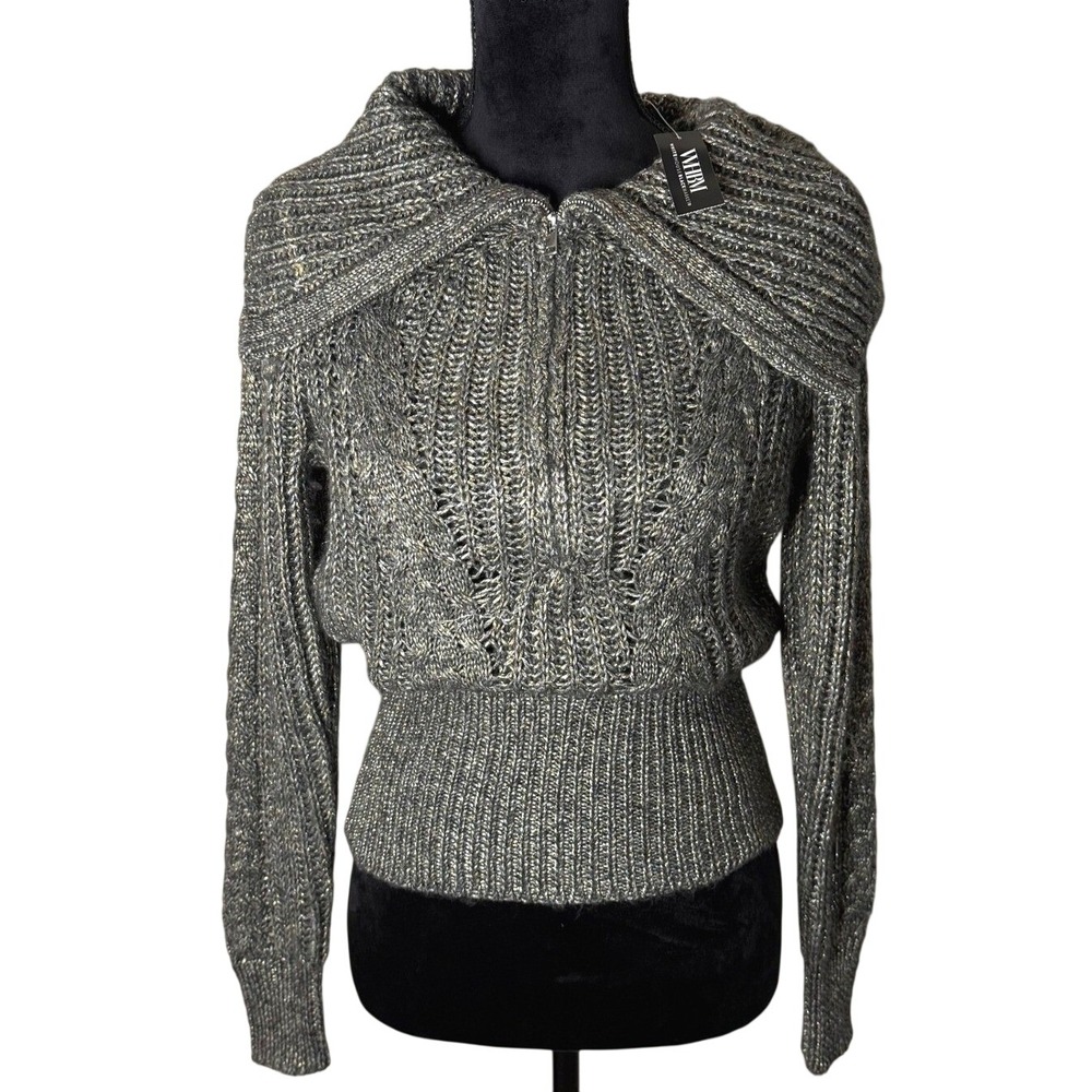 NWT WHBM Metallic Cable Knit Quarter Zip Sweater Gray Sie XS